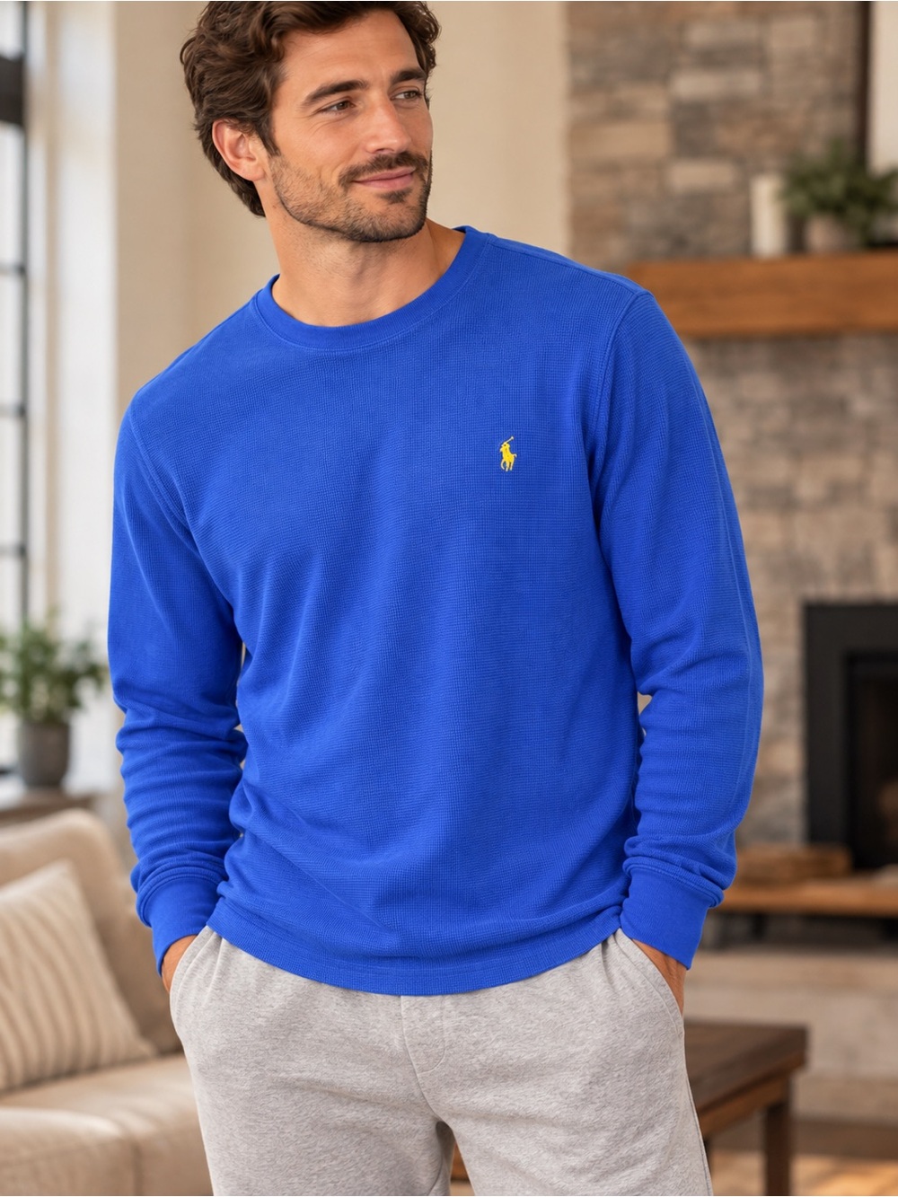Polo Ralph Lauren Men’s M Royal Blue Waffle Knit Thermal Crewneck Shirt